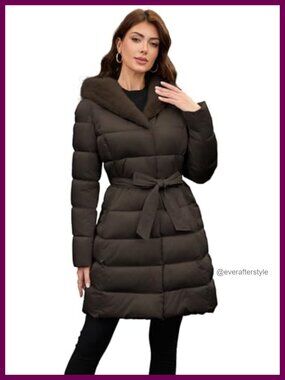 Women's Knee-Length Quilted Puffer Coat Belted Hood Winter Jacket
